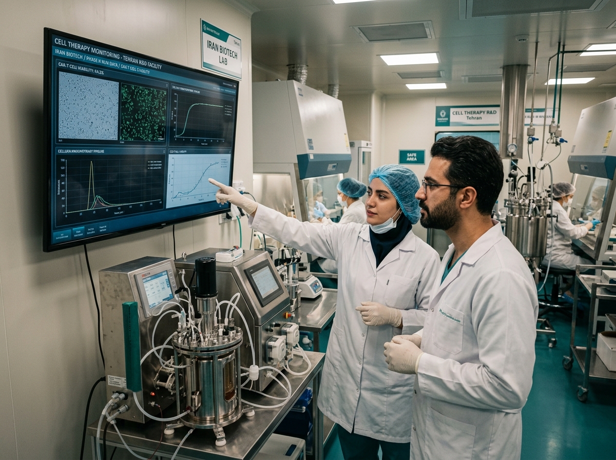 Iranian biotechnology researchers monitoring cell therapy R&D data in Tehran cleanroom laboratory