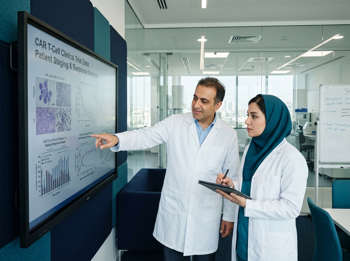 Iranian oncology specialists reviewing CAR T-cell clinical trial staging data