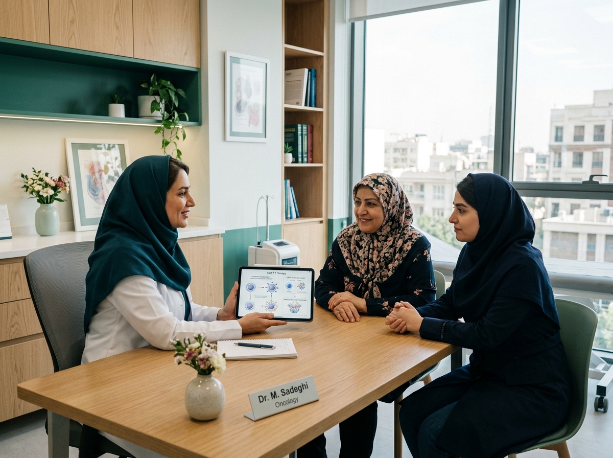 Iranian oncology specialist consulting with patient and family regarding cellular immunotherapy