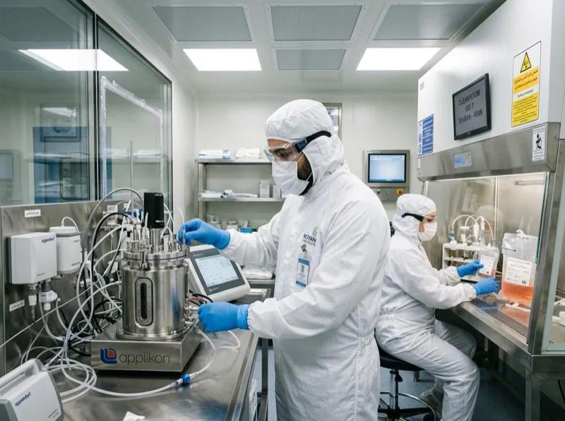 Iranian cleanroom biomedical scientists operating automated bioreactor system