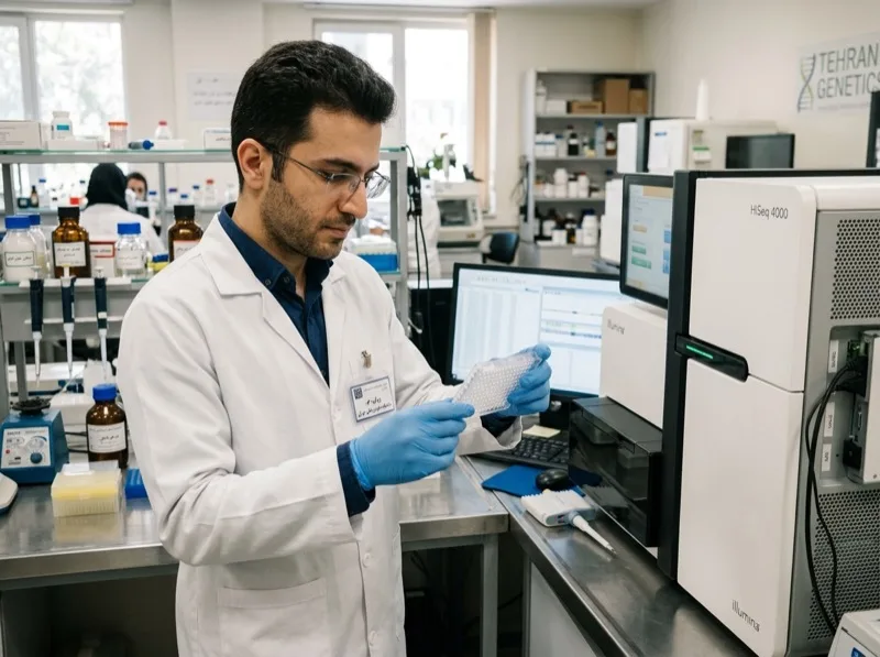 Iranian molecular biologist conducting high-throughput DNA sequencing and CRISPR research
