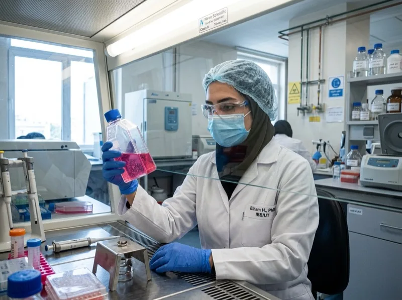 Iranian biotechnology researcher handling cell culture and immunotherapy engineering